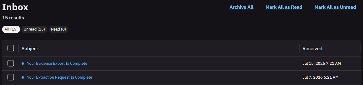 Notification Preferences page listing global notification events such as Account lockout, Evidence extraction, Evidence export, Evidence access and Reporting, each with a per-event channel toggle