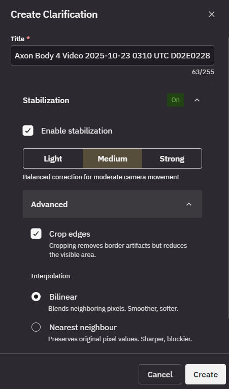Create Clarification dialog with a required Title box, Stabilization set to On, the Enable stabilization checkbox selected, strength set to Medium, and an expanded Advanced section showing the Crop edges checkbox and the Bilinear and Nearest neighbour interpolation options