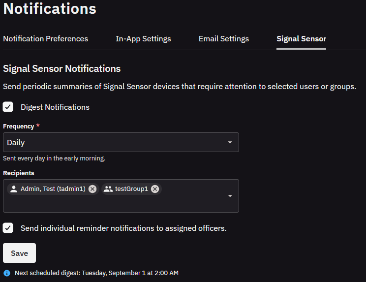 Signal Sensor tab of the Notifications page, with Digest Notifications selected, Frequency set to Daily, two recipients listed, the Send individual reminder notifications to assigned officers checkbox selected, and the next scheduled digest shown below the Save button