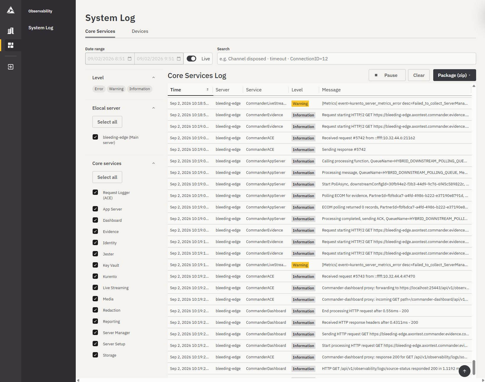 System Log page on the Core Services tab, with a date range, a Live toggle, a search box, Level and Elocal server and Core services filters, and a Core Services Log table listing time, server, service, level, and message, with Pause, Clear, and Package (zip) controls