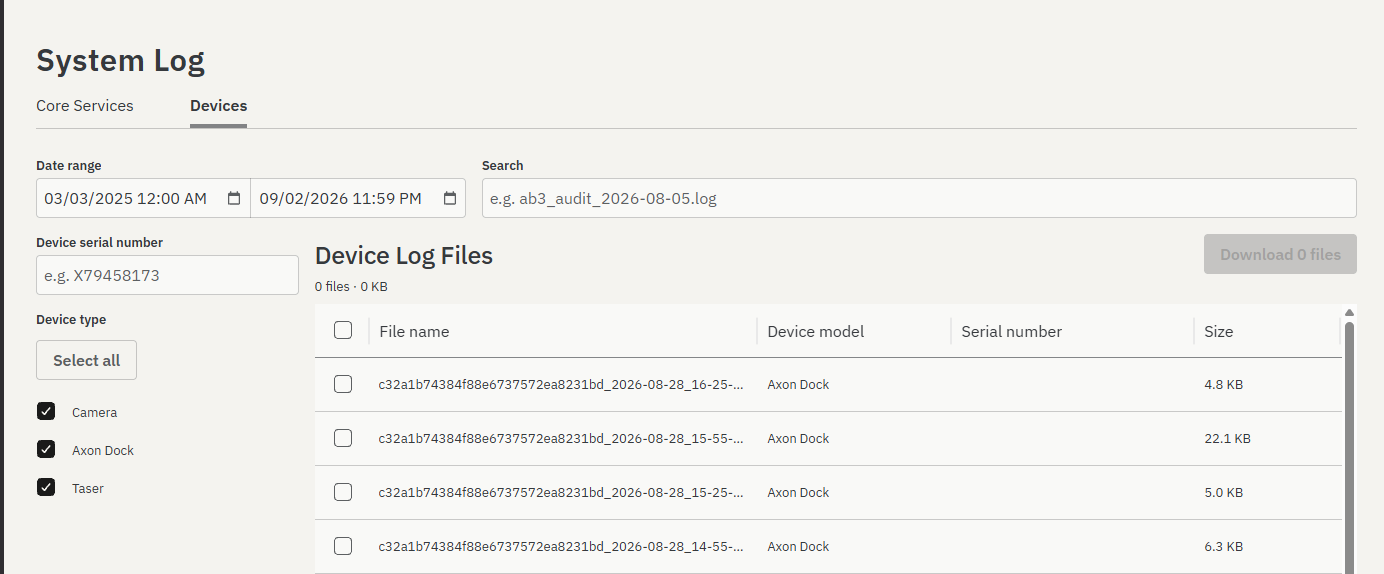 System Log page on the Devices tab, with date range, search, device serial number, and device type filters for Camera, Axon Dock, and Taser, beside a Device Log Files table listing file name, device model, serial number, and size