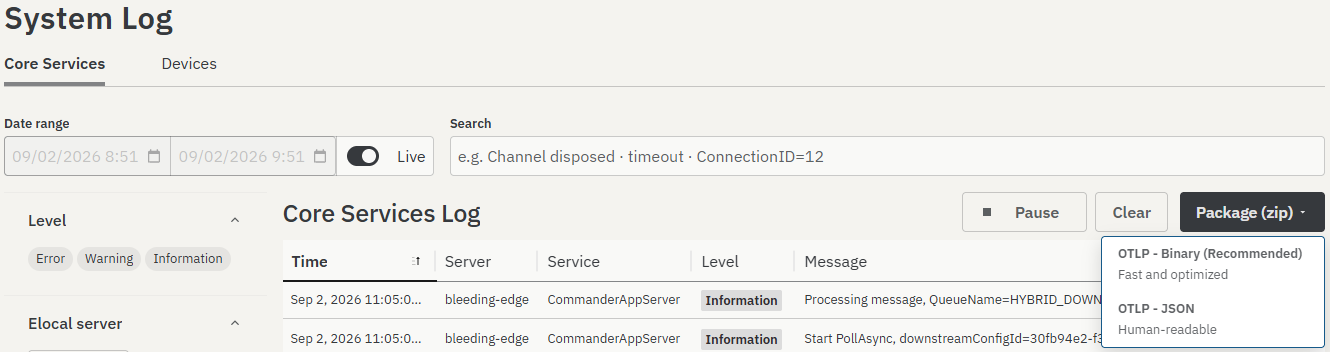 Package (zip) menu on the Core Services tab, offering OTLP - Binary described as fast and optimized and recommended, and OTLP - JSON described as human-readable