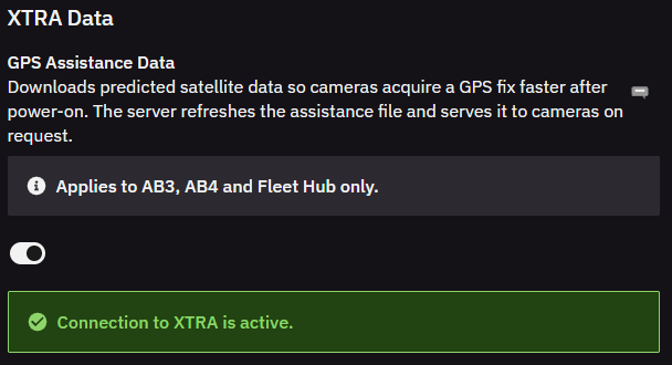 XTRA Data GPS Assistance Data section of the Third-Party Services page, with an enable toggle, a note that it applies to AB3, AB4, and Fleet Hub only, and a green banner reading Connection to XTRA is active