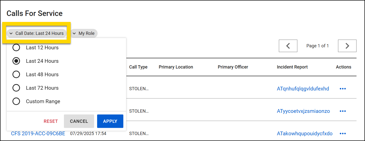 The image shows the Call Date filter on the Calls for Service page expanded to display various filtering options.