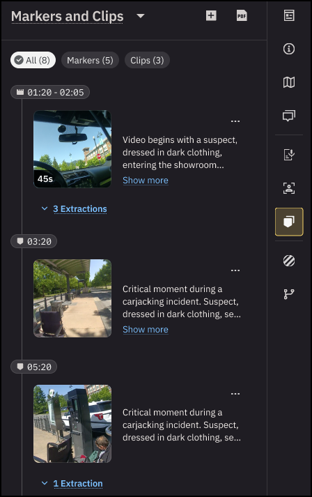 A video evidence interface showing a video player with a timeline below it. The timeline includes tracks for clips and markers, auto-generated markers, and detected people. The Clips & Markers tab is open on the right side, displaying options to add a marker and a list of existing markers, including auto-generated ones and extractions, with descriptions and timestamps.