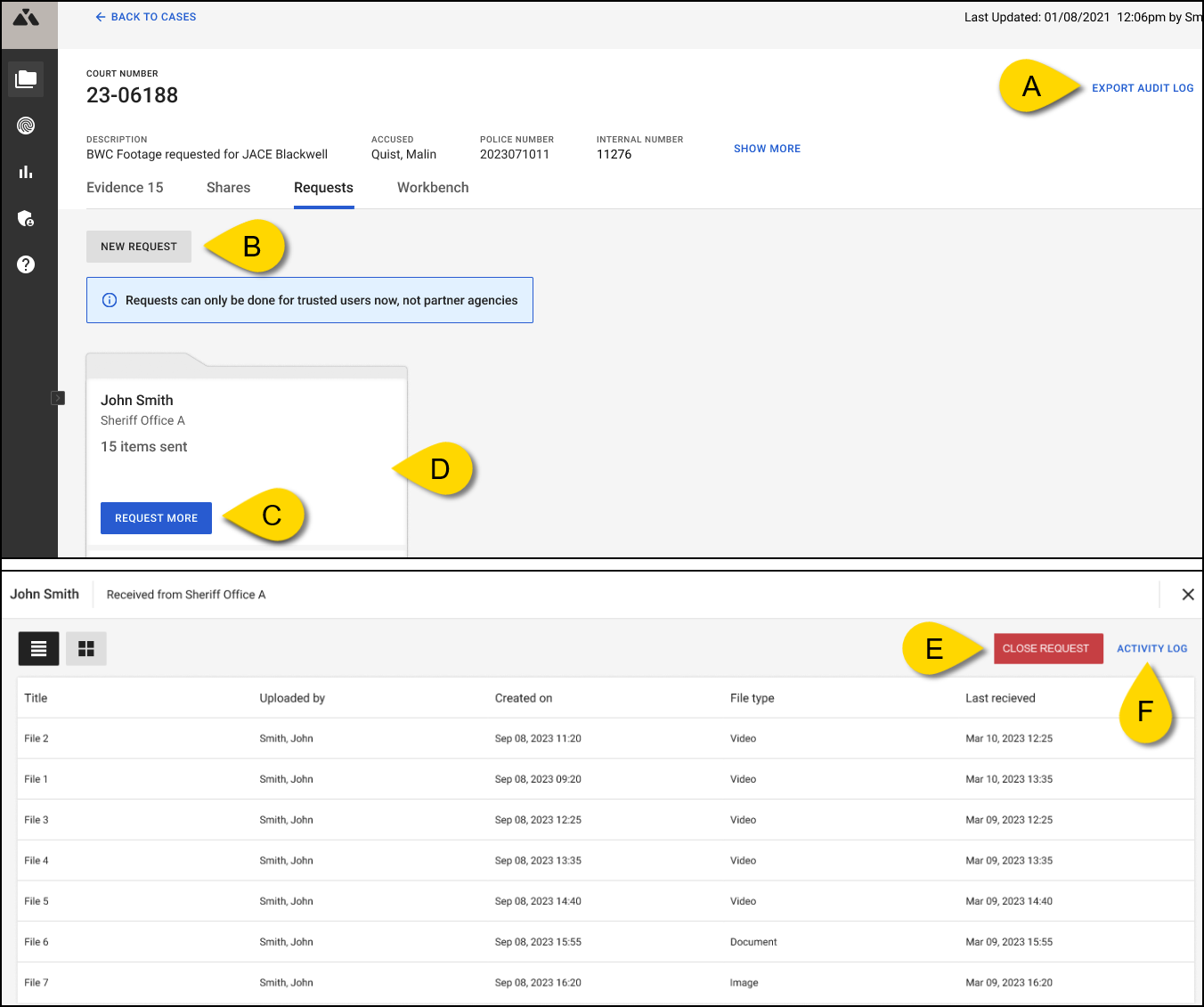 An Axon Justice case open tot he requests tab, showing the new request button, request more button, and the export audit log link.