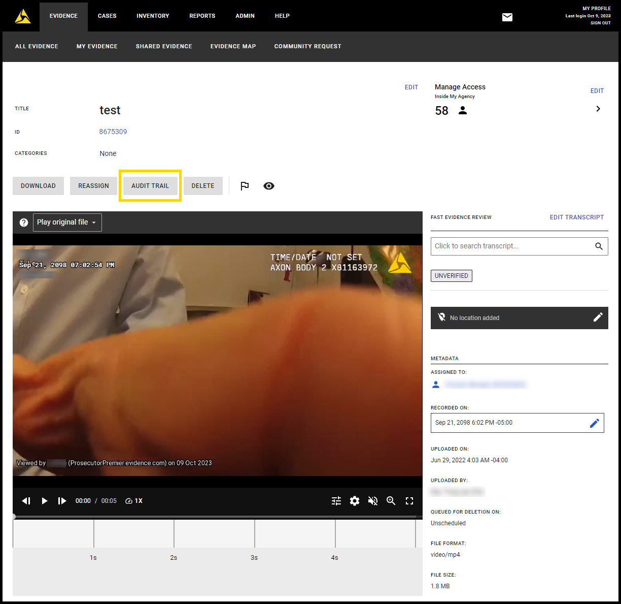 Axon Justice evidence page with the audit trail button highlighted in a yellow box.