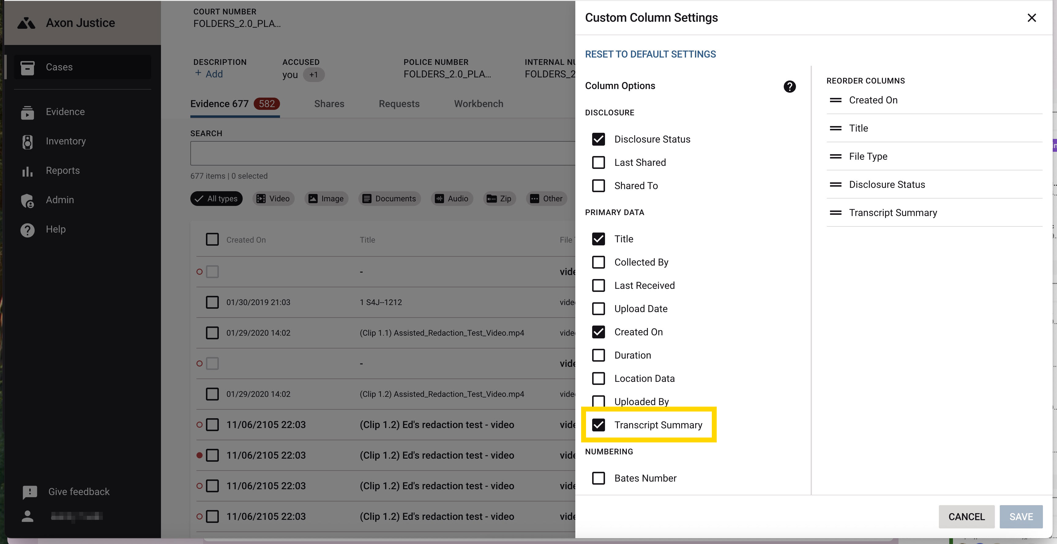 custom column settings with a focus on transcript summary