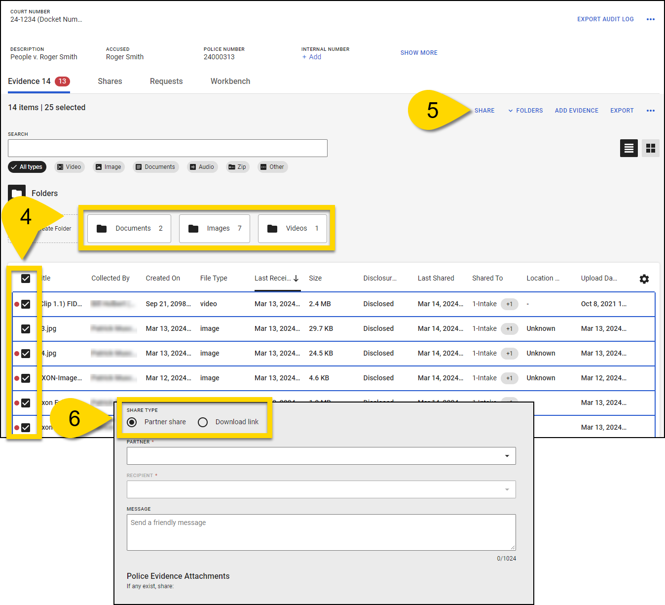 Screenshot of Axon Justice interface showing selected evidence items, the "Share" button, and sharing options for partner share or download link.