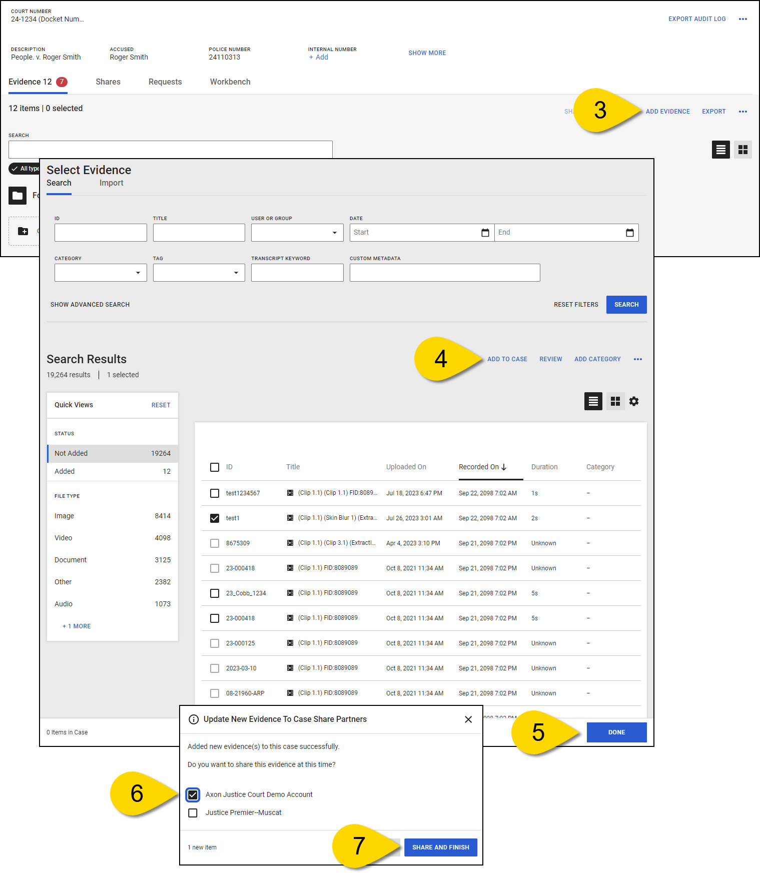 Screenshot of Axon Justice interface showing evidence selection and sharing workflow, highlighting buttons for adding evidence, updating evidence for sharing, and the option to share with case partners.