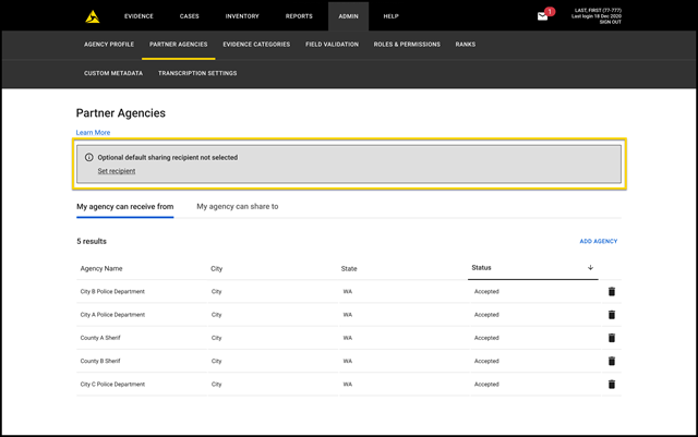 The Partner Agencies page shows that no default sharing recipient is selected.