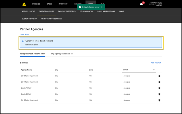  The Partner Agencies page updates to show that "Jane Doe" is set as the default recipient.