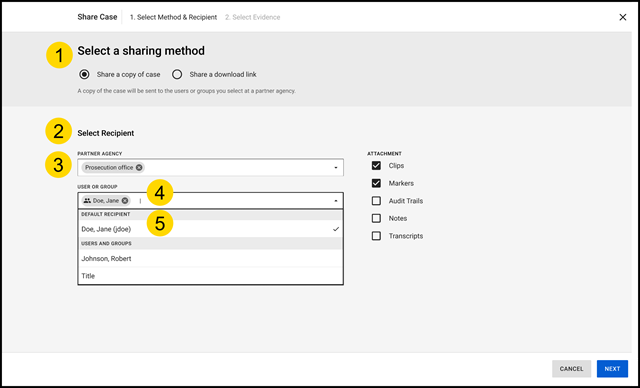 The Share Case dialog displays the default recipient when selecting a sharing method and recipient.
