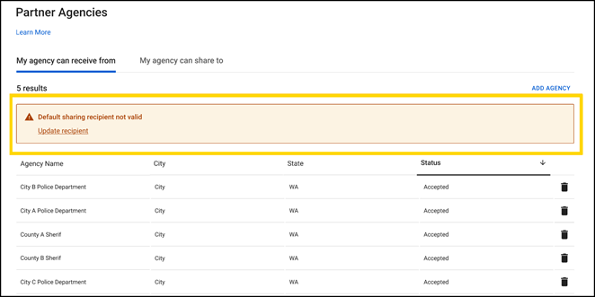 The Partner Agencies page now displays a warning that the default sharing recipient is not valid.