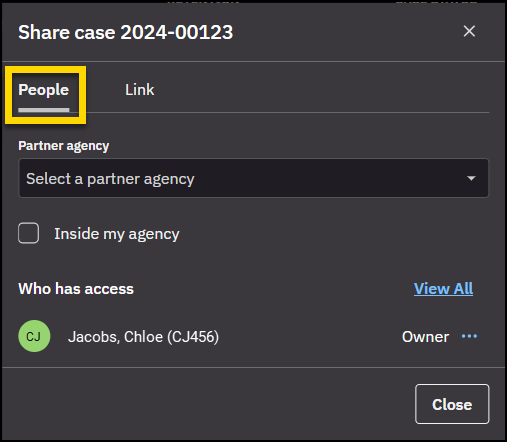 Share case dialog box with the People tab highlighted.