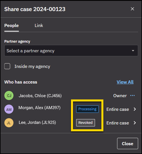 Share case dialog box with the share status highlighted.