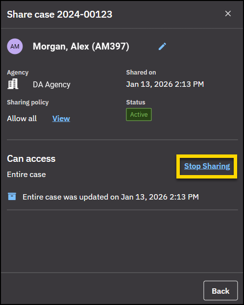 Share case dialog box with the Stop sharing button highlighted.