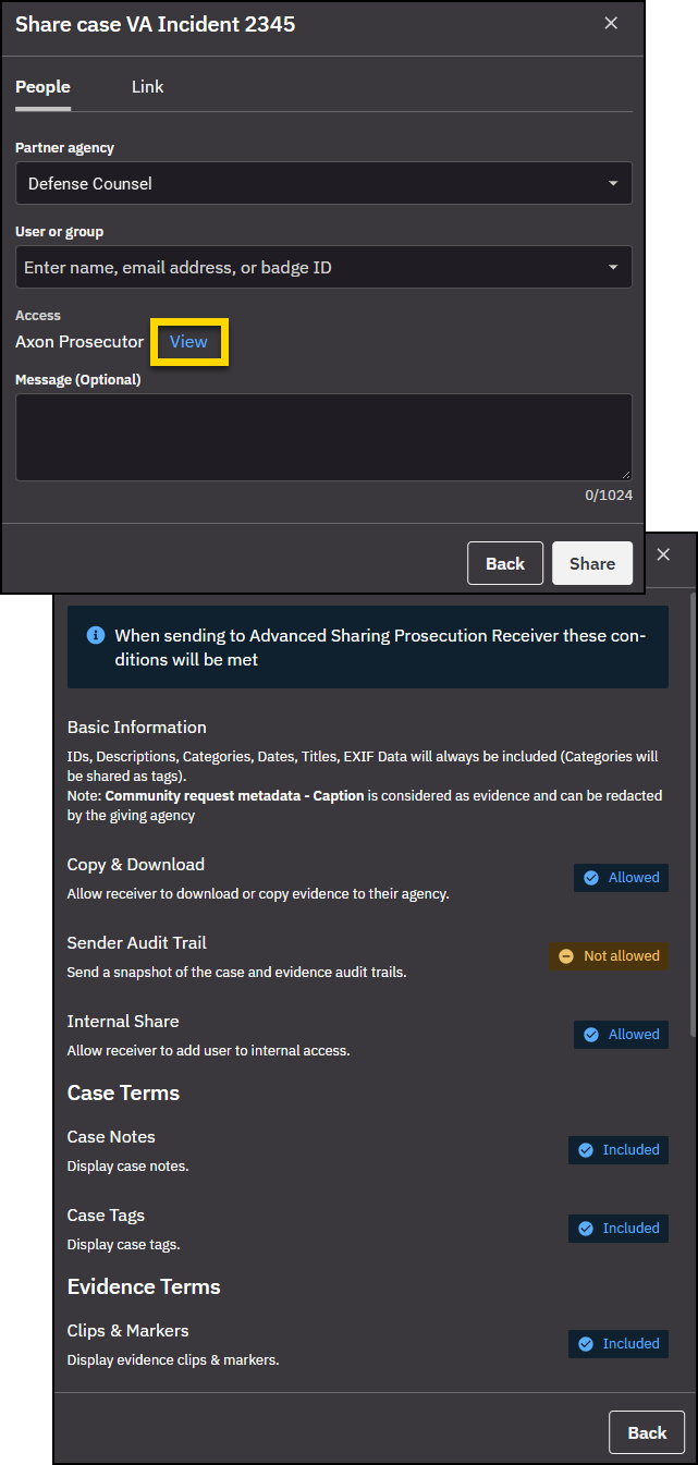 Sharing policy showing what is allowed, included, or not allowed.
