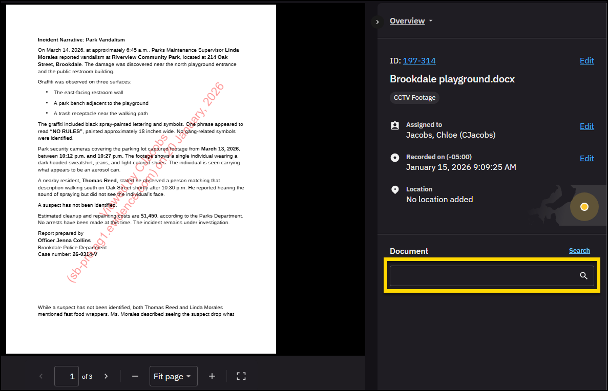 Document open in the Overview tab on the evidence details page with the search box highlighted.
