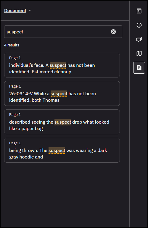 Cropped image of the Document tab, the term suspect is shown in the search bar with a list of matching text.