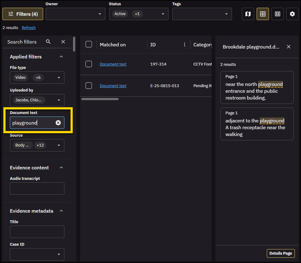 Evidence search page open to the Filters panel with Document text highlighted.