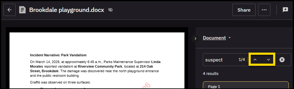 Evidence details page open to a document, the previous match and next match buttons are highlighted.