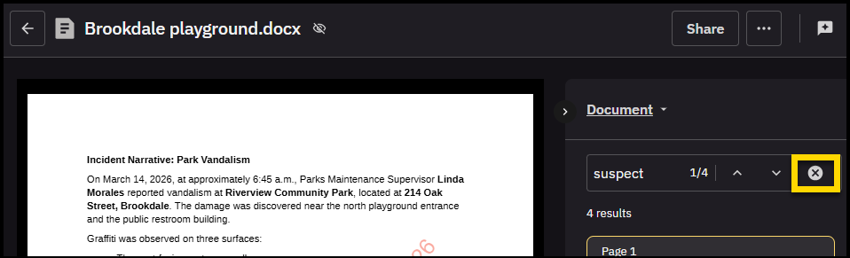 Evidence details page open to a document, the clear input button is highlighted.