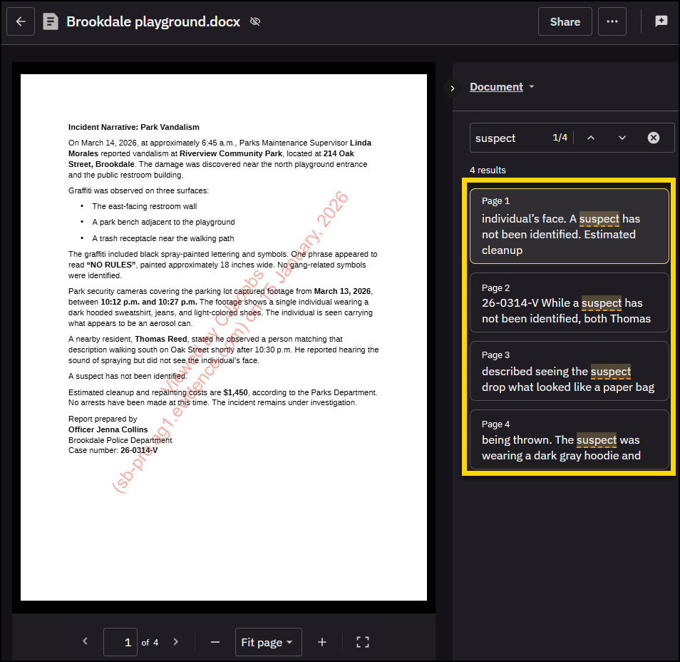 Evidence details page open to a document, the text search results list is highlighted.