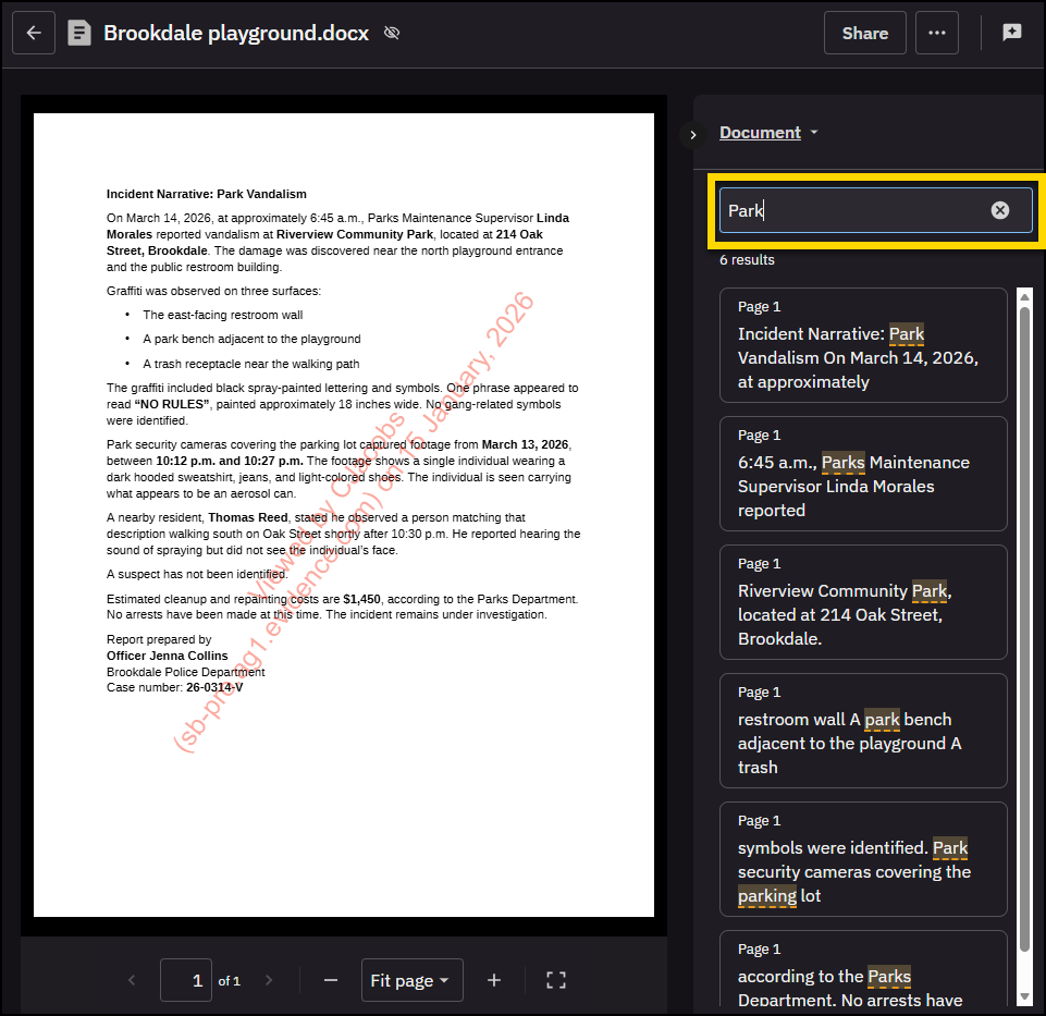 Evidence details page open to a document, the word park is highlighted in the search bar.