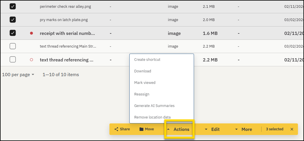 Action bar with the actions menu expanded.