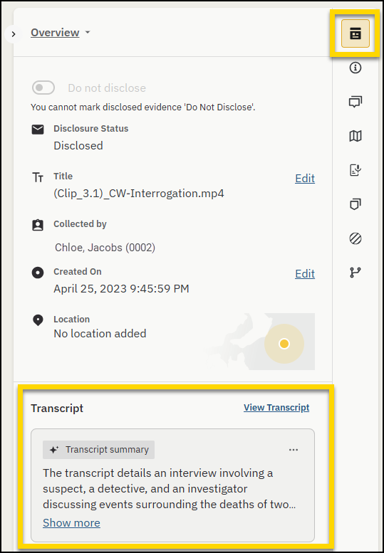 Overview tab showing the transcript summary card highlighted.