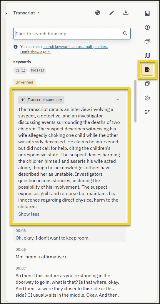 Transcript tab showing the transcript summary expanded.