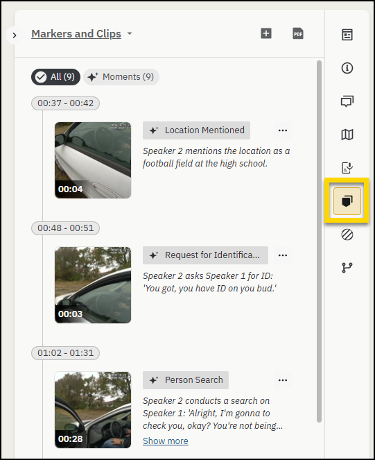 Markers and Clips tab showing a list of suggeted moments.