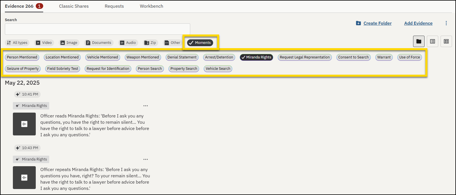 Moments filter selected and showing a list of moment categories.