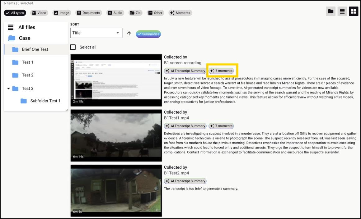 Gallery view showing the number of associated moments for a selected piece of evidence.