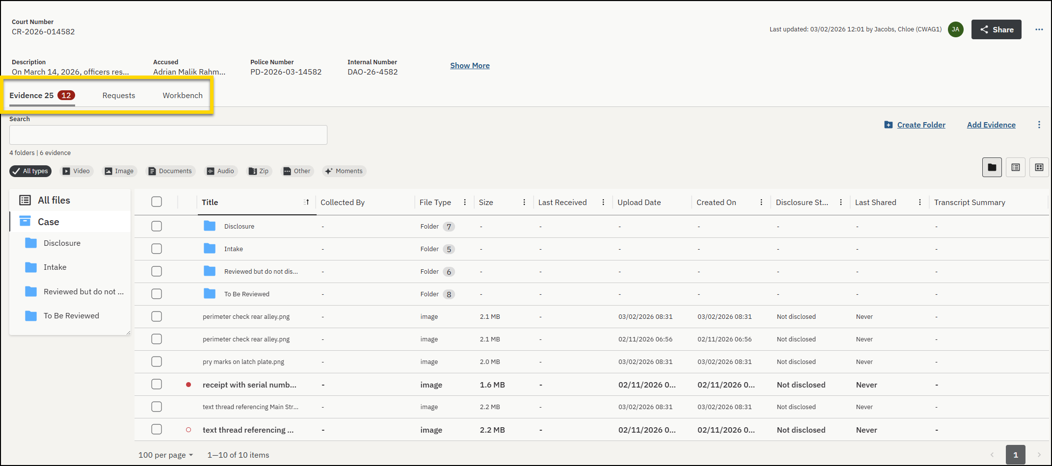 Case details page with the tabs highlighted.