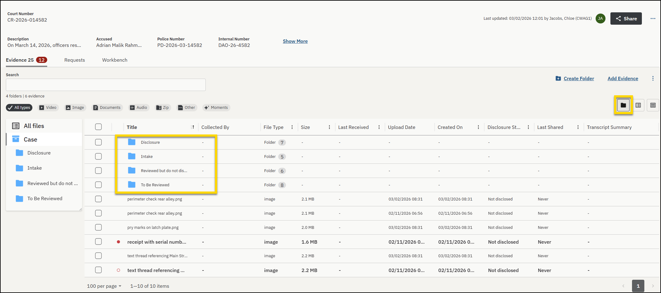 Folder view on the case details page.