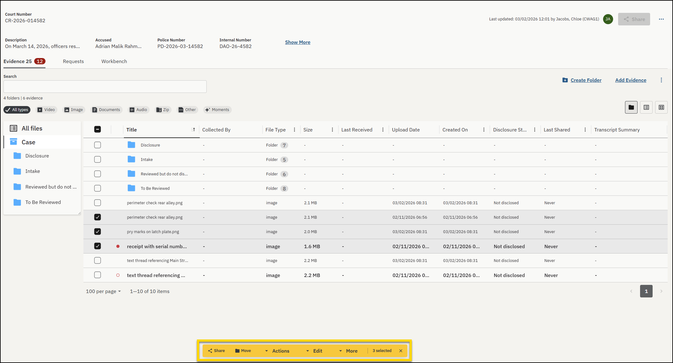 Case details page with the action bar highlighted.