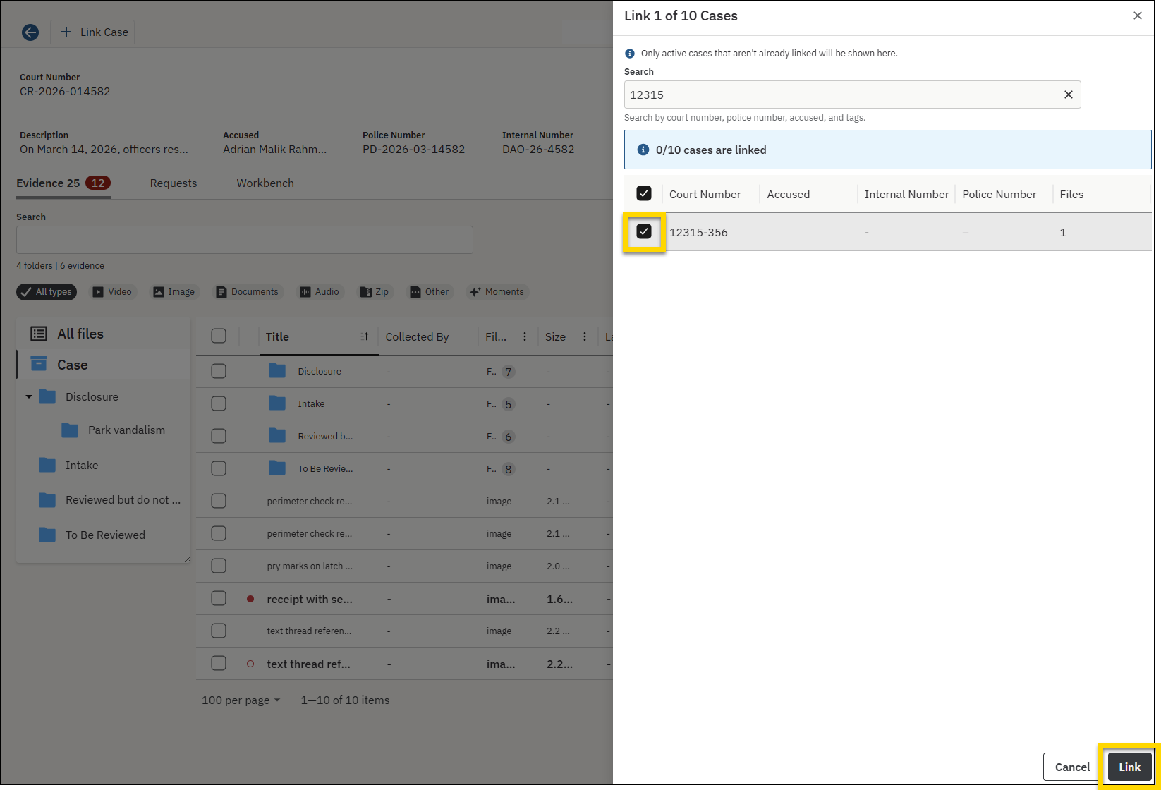Case search page showin gthe link cases pane.