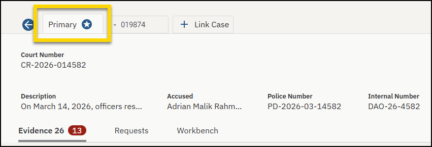 Primary tab highlighted on the case search page.