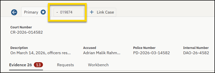 Linked case tab highlighted on the case search page.