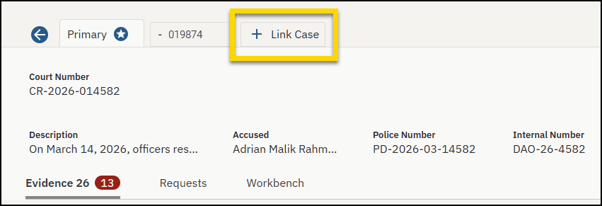 Link case button highlighted on the case search page.