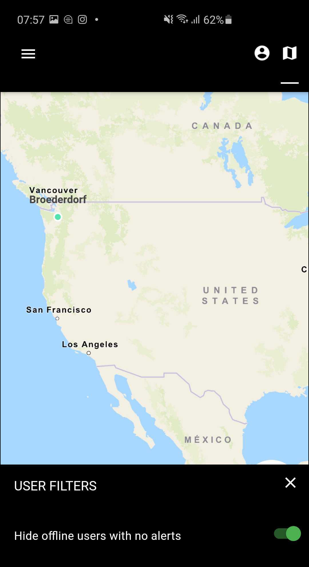 Shows a devices on a map in Respond mobile with the Hide toggle on so only active devices display.