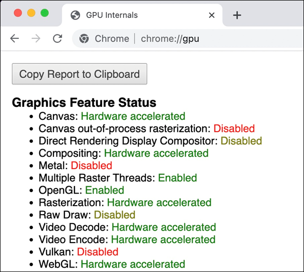 Shows the results of running the gpu command in Chrome.