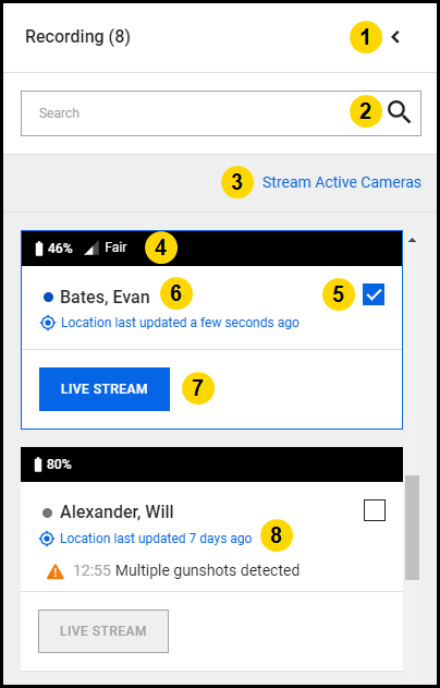 Shows the different features on a camera tile.