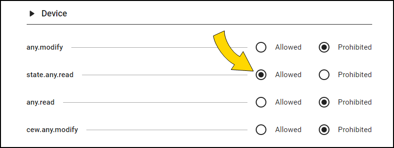 Shows setting the state dot any dot read property to Allowed.