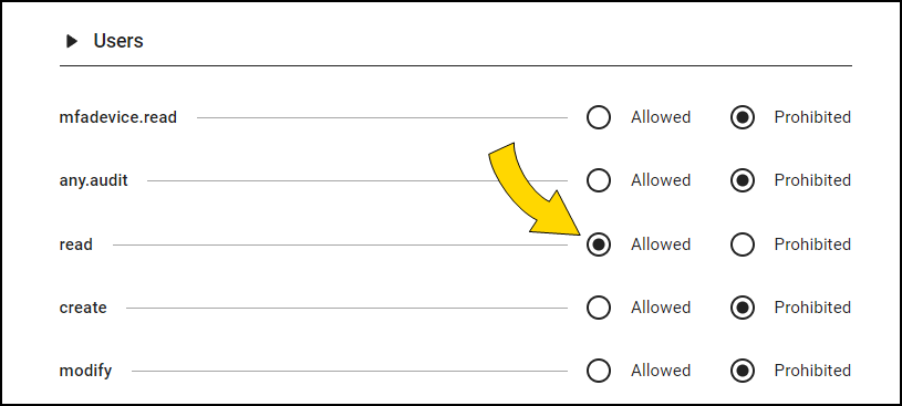 Shows setting the read property to Allowed.