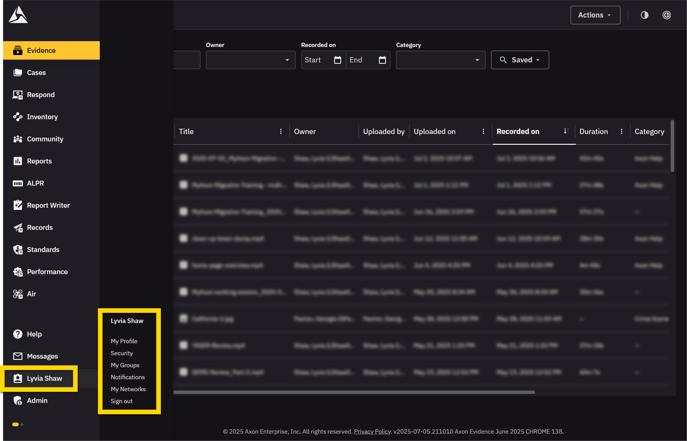 The image shows the Axon Evidence interface. A user profile section is expanded, with My Profile highlighted in yellow.