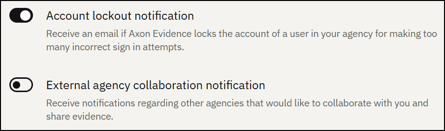 The image shows two notification settings in Axon Evidence. The Account lockout notification is toggled on and the External agency collaboration notification is toggled off.
