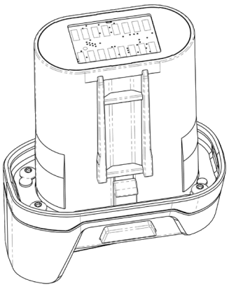 The image shows a battery pack seated in a charging dock. The battery is oriented vertically with contact terminals visible on the top surface. The dock includes a recessed area to hold the battery securely in place.